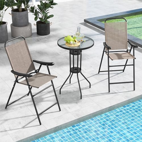 Image of COSTWAY 2 Pieces Patio Folding Bar Chairs with Metal Frame, Footrest, Arms | Outdoor Counter Height Bar Stools with High Backrest, High Top Chairs for Balcony, Garden, Deck, Porch & Poolside (Coffee)