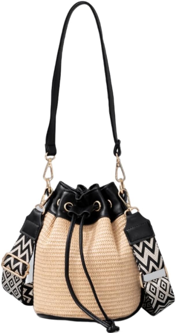 WIGUYUN Women Straw Drawstring Bucket Purse Small Tote Shoulder Handbag Hollow Out Cross-body Bag for Summer,Beach