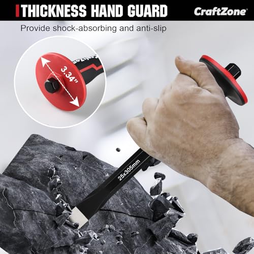 Image of Masonry Chisel, Heavy Duty Flat End Rock Concrete Mortar Stone Brick Chisel with Protective Hand Guard for Breaking Carving Splitting Cutting Mason Tools (12-Inch)