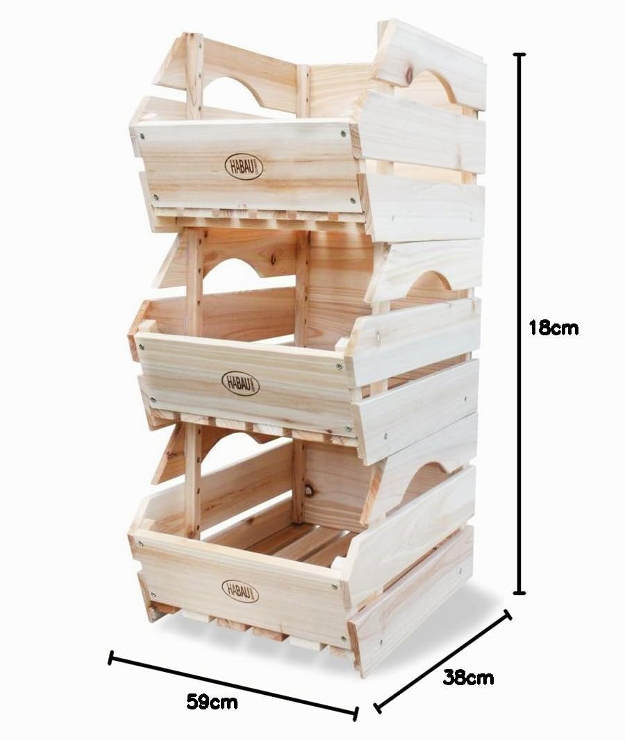 HABAU Universalkiste, 3er-Set, Holz, Natur & Vorratskiste aus unbehandeltem Holz, stapelbar, 59 x 38 x 18 cm