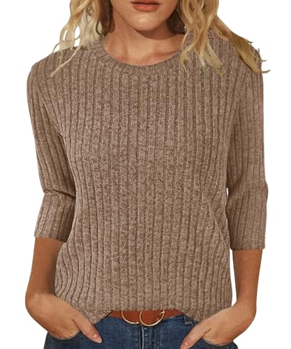 JomeDesign Blouses for Women Dressy Casual 3/4 Sleeve Sweaters Loose Fit Tunic Tops Khaki