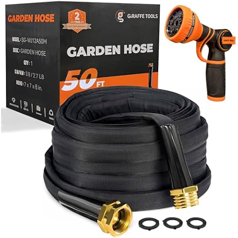 Giraffe Tools Garden Hose 50FT Lightweight Lay Flat Water Pipe Kink Free Flexible Hose with 9 Spray Function Nozzle Cover