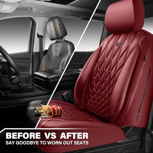 Image of CAR PASS Piping Luxury Faux PU Leather Two Front Car Seat Covers, Waterproof Anti Slip Premium Automotive Seat Covers,Universal Fit for Suvs,Vans,Trucks, Armrest Airbag Compatible, Burgundy Red
