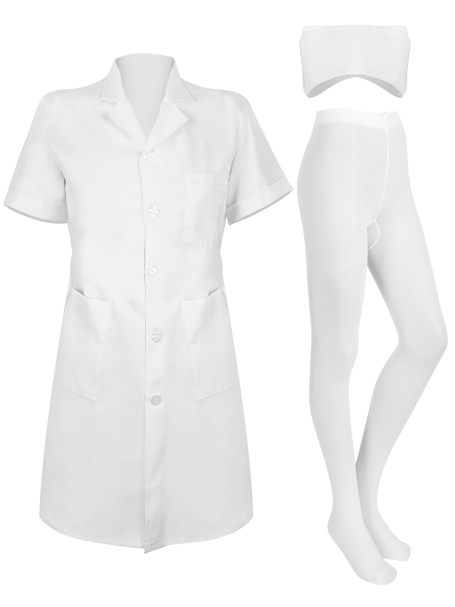 Hercicy Nurse Dress Costume Set for Women White Short Sleeve Medical Lab Coat Nurse Cap Footed Pantyhose Halloween Cosplay
