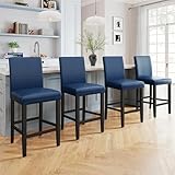 LSSPAID Counter Height Bar Stools Set of 4, 24.8 Inch Upholstered PU Leather Barstools, Modern Kitchen Island Chairs with Backrest and Solid Wood Legs, Navy Blue