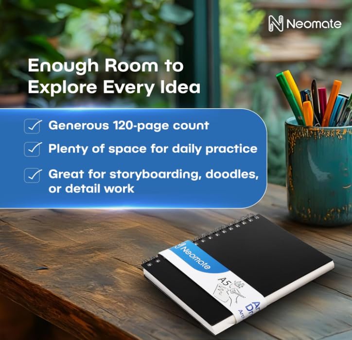 Image of Neomate Artists Spiro Bound Sketch Book | Spiral | A5 Size, 120 Pages, 160 GSM | Ideal for Students and Adults, Home, School, Students, Beginners, Professional Drawing, Sketching, Mandala Art