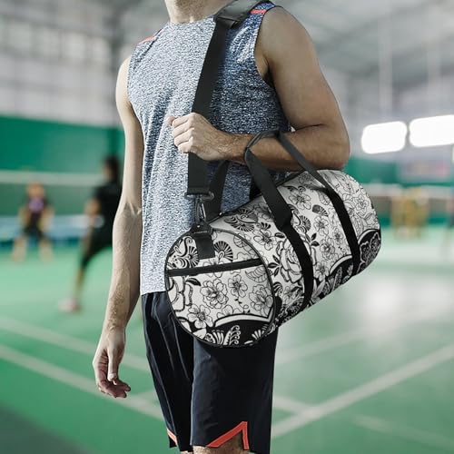 Sac de gym fleurs noires et blanches format cabine pour le camping