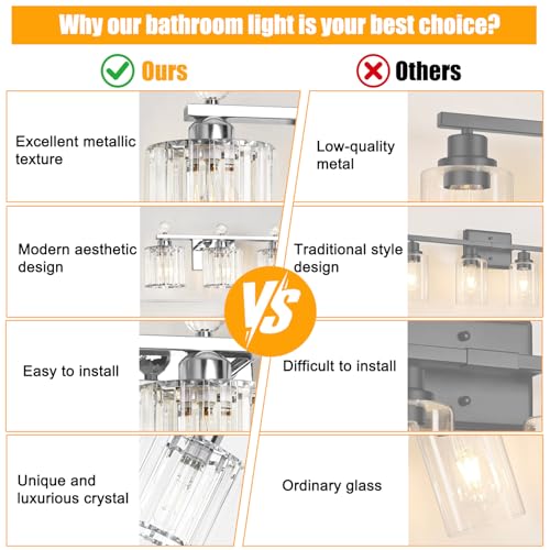 Image of Lxybcce Modern Crystal Bathroom Vanity Light, 3-Lights Bathroom Light Fixtures, 19.34In Chrome Vanity Light Fixtures Over Mirror, Easy Installation & Dimmable Lighting