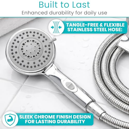 Vive Hand Held Shower Head with Long Hose - Detachable 2 in 1 Universal High Pressure Handheld Adapter - Chrome Finish with Large Waterfall Rainfall (‎Chrome)