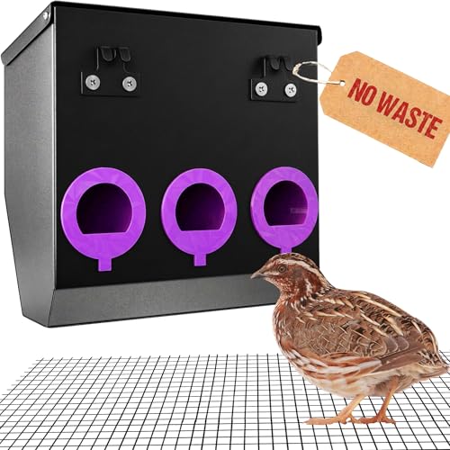 CluckRoots No Waste Quail Feeder 1.5 Port for Adult Japanese Coturnix Quail Jumbo Pharaoh Outside-Hanging 3-Port Feeder - No Mess No Spill Space-Saving Metal Feeder for Wire Mesh Cage Hutch Pen