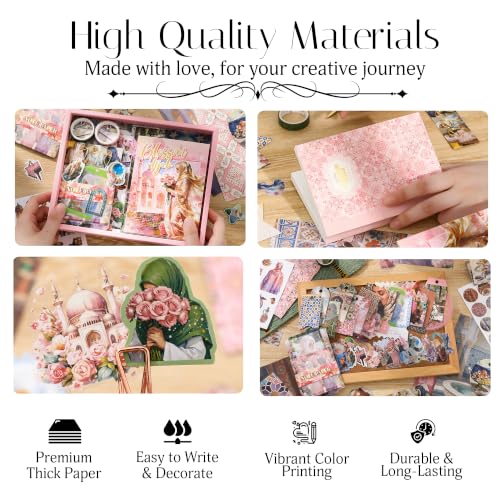 Image of The AutoStory Vintage Scrapbook Album Kit - A6 Junk Journal Notebook with Aesthetic Stickers, Collage Paper Pack & Washi Tape - DIY Journaling Supplies Gift for Teens & Girls (Blossom Hijab, Pink)
