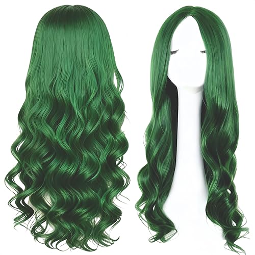 Deep Green Wigs for Women Wigs for Women Side Bangs Long Curly Hair Wig Stylish Charming Womens Wavy Curly Long Hair Wig Suitable Womens Girls Cosplay and Daily Party Use