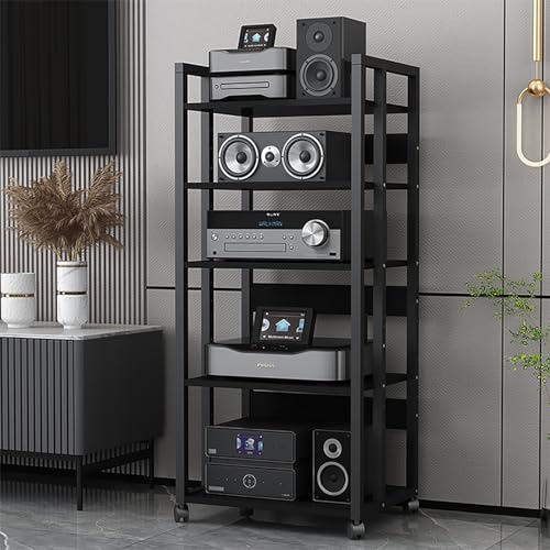 Onwowsun Multilayer Movable AV Media Stand, Media Storage Cabinet, Rack Audio Tower with Adjustable Shelves, Record Player Stereo Cabinet, Black (Size : 6 Layers)