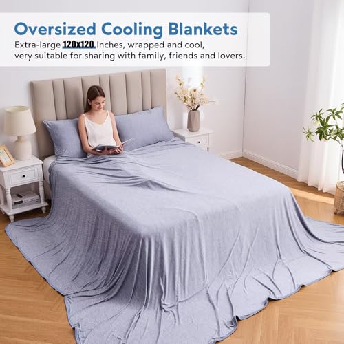 Image of HOMFINE Cooling Blanket for Hot Sleepers Oversized Size, Blue 120 inchx120 inch | Dual-sided mica nylon cool, Q-Max 0.439 instant cool, Lightweight & breathable for night sweats & menopause, Machine washable