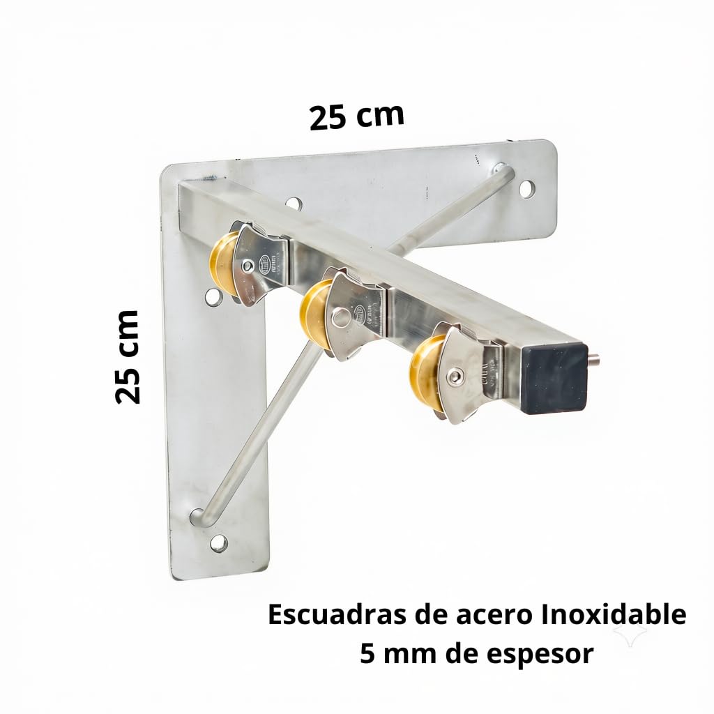 Tendedero de poleas de acero inoxidable con 2 brazos y 6 poleas de latón | Avalon Tendedero Fijo de Pared con forma de escuadra. 2 Brazos de Inoxidable, 6 poleas y Anclajes con alta Capacidad de Carga