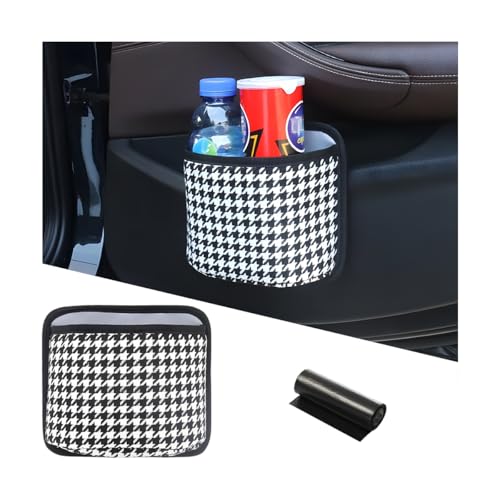 Image of Car Trash Can, Mini Foldable Vehicle Garbage Organizer with 15PCS Bin Bag, Check Pattern Auto Interior Hanging Bin Container Accessoies, Universal for SUV Sedan Truck (Black /White)