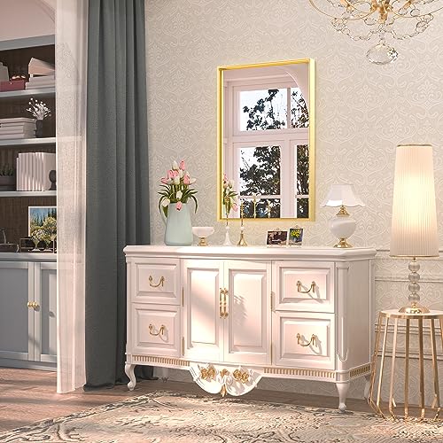 Image of Keonjinn 16x24 Inch Gold Bathroom Mirror for Over Sink, Brushed Framed