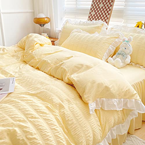 Mengersi Seersucker Duvet Cover Set Twin Size,Ruffle Duvet Cover,Boho Chic Ruffled Seersucker Bedding Sets Lightweight Comforter Cover 2Pcs (No Comforter),Yellow #TOP2