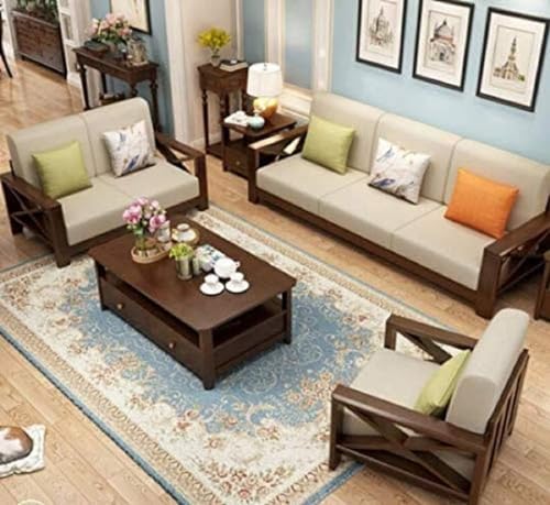 Image of K L FURNITURE Wooden Sofa Set For Living Room | 6 Seater Solid Sheesham Wood Furniture (3+2+1, Chocolate Finish, Brown)
