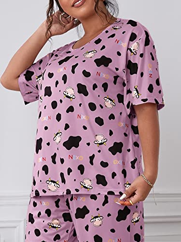 Wdirara Women's Plus Size 2 Piece Sleepwear Cow Print Short Sleeve Top And Pants Pj Set Cartoon Purple 4Xl #TOP2