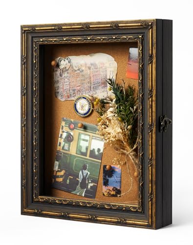 FOLKOR 11x14 Shadow Box Frame Display Case for Vintage Collectibles, Antique Picture Frame Display Case Box for Memorabilia, Pet Items, Travel Souvenirs, Wedding Memories, Cork, Tickets (Black Gold)