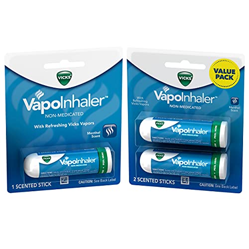Vicks Portable Nasal Inhaler, Non-Medicated, Soothing Vapors to Breathe Easy, Menthol Scent, White, 3 Count
