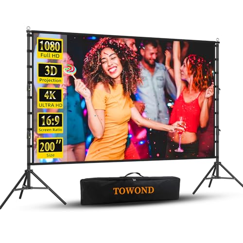 Outdoor Projector Screen with Stand, TOWOND 200 Inch Portable Projection Screen - Dual-Sided 16:9 4K...