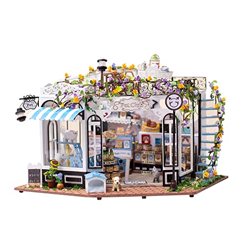 Miniature House Kit Pet Shop - DIY Miniature Dollhouse Kit - Tiny House Building Kit - DIY Miniature Kit with Furniture - DIY House Kit for Adults - Creative Miniature Craft Kits ( No Dust Cover)
