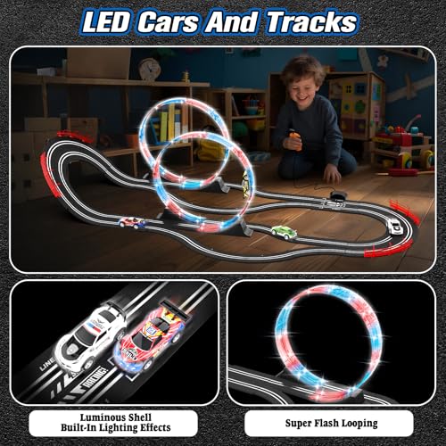 2-in-1 Slot Car Race Track Set with 4 High-Speed Cars, Electric Track, Dual Racing Game with 2 Controllers, Circular Overpass Design Featuring Flash Tracks. Toy Gift for Boys Kids Ages 4-6 6-8 8-12