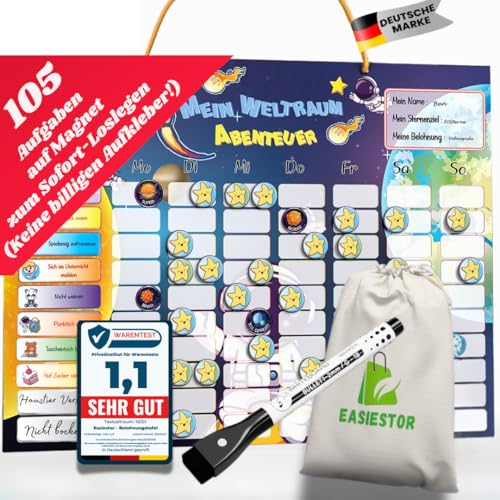 Easiestor® Belohnungstafel für Kinder - 105 AUFGABEN + 360 Magnete - Montessori Routine Planer ab 3 4 5 6 7 8 Jahre - Magnettafel, Wochenplaner - ADHS Hilfsmittel - Magnetisches Belohnungssystem