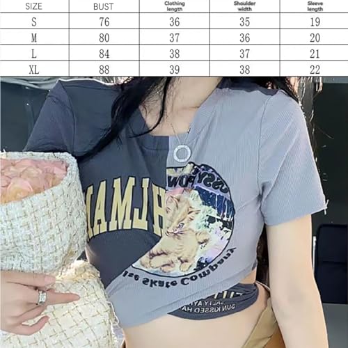 Playful Color Blocking Printed T-Shirt, Cross tie Ultra Short top, Casual Design, Versatile Spicy Girl Outfit2