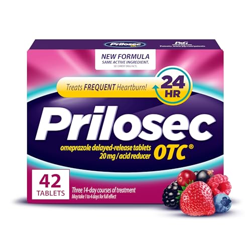 Prilosec OTC, Omeprazole Delayed Release 20mg, Acid Reducer, Treats Frequent Heartburn for 24 Hour Relief, All Day, All Night*, Heartburn Medicine, 20mg, Wildberry Flavor, 42 Tablets