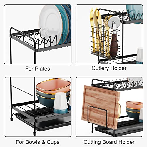 iSPECLE 2 Tier Dish Drainer, Dish Drying Rack with Drip Tray, Sink Draining Board with Utensil Cutting & Board Holder for Kitchen Counter(Black Round) - Image 4