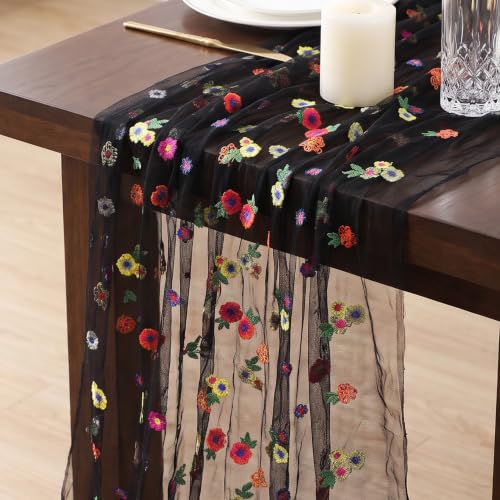 Black Embroidered Floral Daisy Tulle Table Runner Halloween 10FT