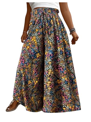 Verdusa Women's Plus Size Boho Floral Baggy Flowy Pants Vacation Wide Leg Loose Trousers