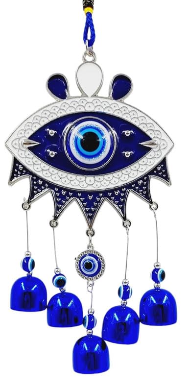 Silver Evil Eye Wind Chimes for Positive Energy | Handmade Turkish Blue Nazar Amulet Wall Hanging | Spiritual Protection Charm & Decorative Boho Ornament for Home, Office & Garden (Round Evil Eye)-image-49