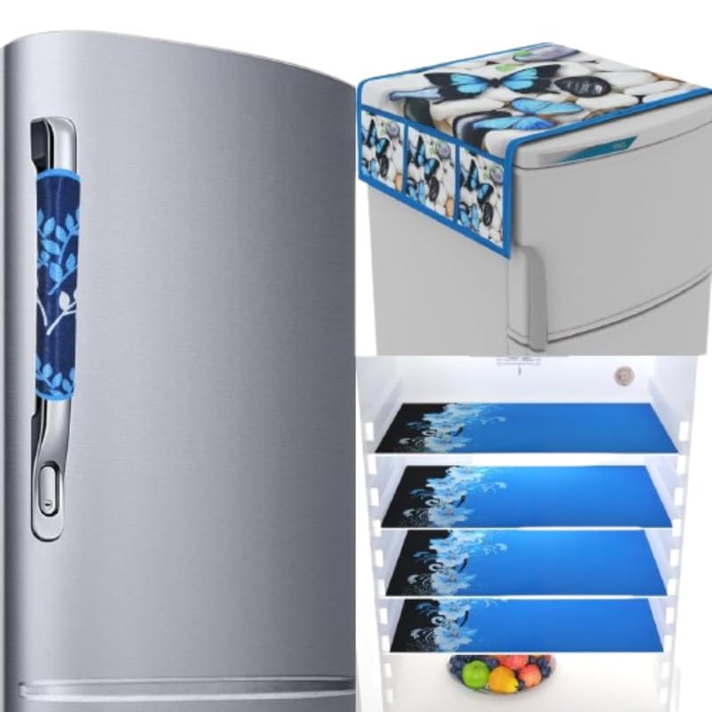 BHOLA Parvati Trading Corporation Combo of Fridge 1 Top Cover | 1 Handle Covers + 4 Fridge Mats | Waterproof & Dustproof Fridge Accessories Set for Refrigerator Pack of 6 (Color Blue)-image-9