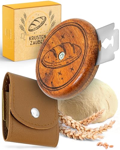 KRUSTENZAUBER Teigmesser für Brot mit Holzgriff inkl. 5 Klingen –UFO Bäckermesser für perfekte Kruste & kreative Brotmuster– Brot Einschneidemesser Sauerteig Hobbybäcker