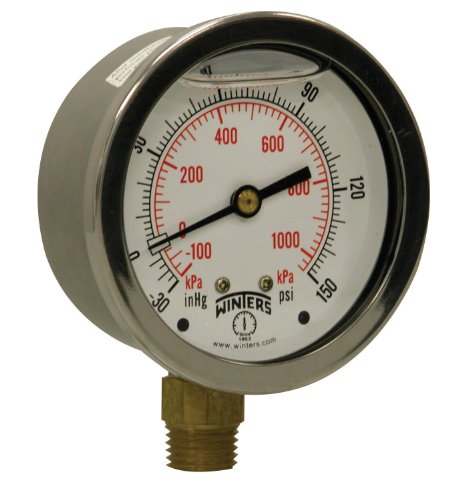 Image of Winters 2-1 /2 inch Dial Size, Liquid Filled Industrial Pressure Gauge, Brass Internals, Stainless Steel Case, Dual Scale 30 inch Hg-0-150 psi /kPa, 1.5% Acc, 1 /4 inch NPT Bottom Mount, Pressure and Vacuum Gauge
