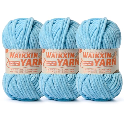 Image of (3 Azure Blue) 3 Pack Super Soft Fuzzy Chenille Chunky Yarn for Crocheting, 300g (261yds) Velvet Fluffy Amigurumi Yarn for Hand Knitting Baby Blankets Weaving Craft