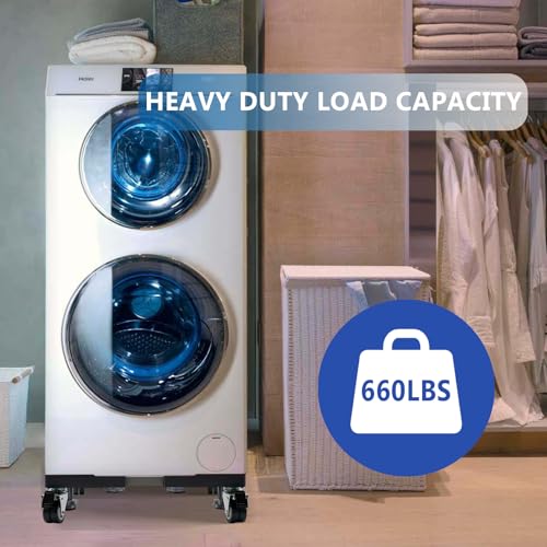 Image of Fridge Stand Mobile Base with 4 Locking Wheels and 4 Strong Feet, Adjustable Furniture Dolly for Washer Dryer Washing Machine Stand Pedestal, Refrigerator (Grey, Large)