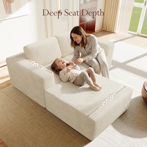 Image of Vesgantti 80 inch Modular Sectional Sofa, Corduroy Cloud Couch with Deep Seats & Spring Support, Compact 2 Seater Boneless Couch, L-Shaped Modular Sofa for Small Spaces, Apartments, No Assembly, Beige