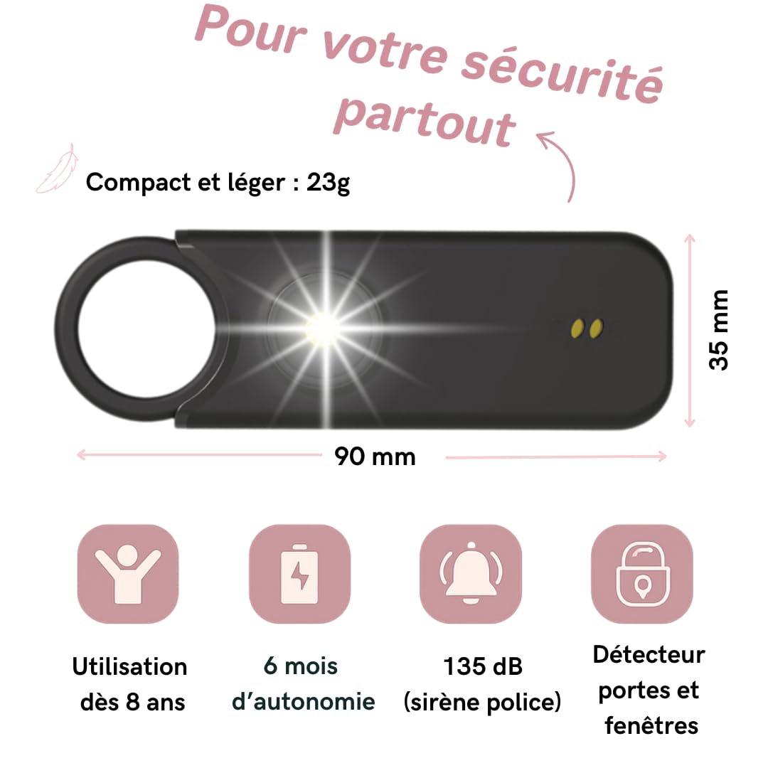 Alarme Personnelle Femme 135 DB Ultra Puissante, Kit Sécurité Auto Défense, Sifflet Urgence + Détecteur Porte/Fenêtre, Rechargeable USB-C avec Lampe LED, Noir