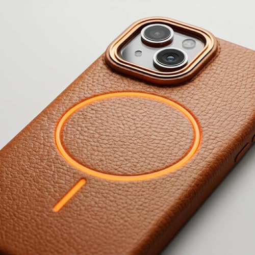 Image of amazon basics Luxury MagSafe Compatible Leather Texture Back Cover for iPhone 13 | Raised Camera Protection | Slim Fit Shockproof Case with Metallic Accents (Orange)