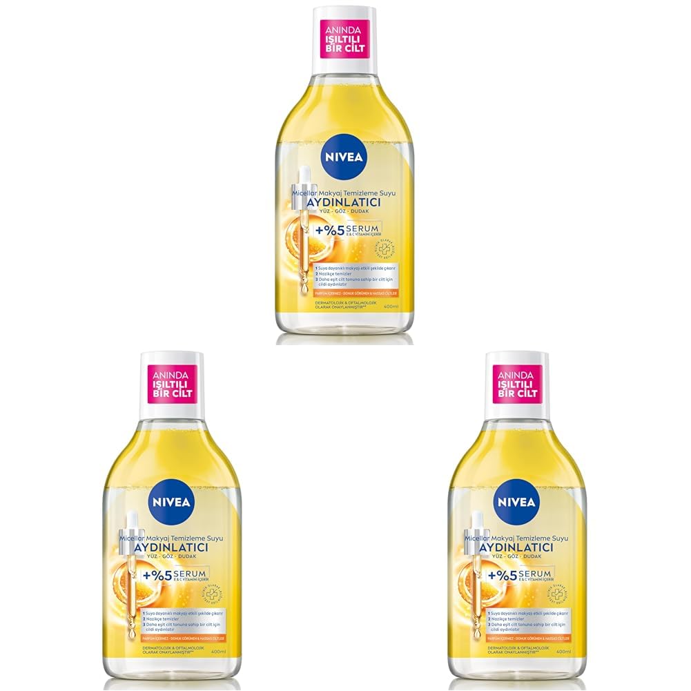 NIVEA Micellar Aydınlatıcı Makyaj Temizleme Suyu 400 ml,Suya Dayanıklı Makyajı Çıkarır,Ovalama Gerektirmez,Serum İçerikli,C Vitamini,E Vitamini, (3 paketi)