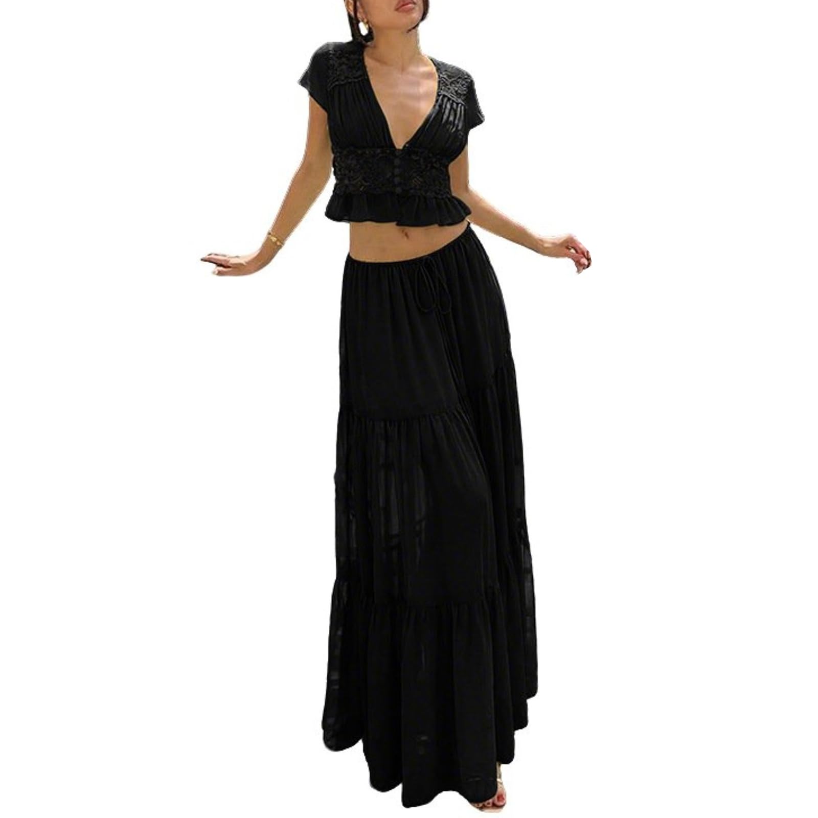 Ensemble D'éTé 2 Pièces Pour Femme Crop Top Sans Manches à Col V Profond Dentelle Et Volants et Jupe Longue à Cordon De Serrage