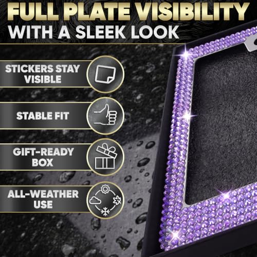 2 Pack Bling License Plate Frames for Women – Stainless Steel Rhinestone License Plate Frame & Easy Install Kit – Bling Car Accessories, Fits U.S. & Canada Plates | Gift Box with Ribbon (Lavender) — view 4