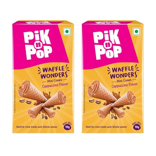 Image of Pik n Pop Cappuccino Mini Waffle Cones 70g (Pack of 2), Crispy Cones with Creamy Cappuccino Filling, Whole Wheat, Non-Meltable Ready-to-Eat Snack, 100% Eggless