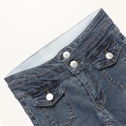 Girls'Bell-Bottoms Jeans High Waisted Pants Double Buttons Frayed Edges Foot Multiple Pockets Flare Pants Fashionable Style3
