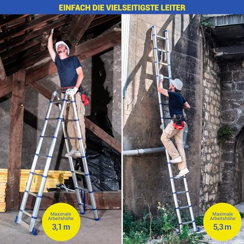 Aluminium Teleskopleiter 4,4 m (2,2 + 2,2), gelenkig und faltbar, Ultraleicht, kompakt, Max. Belastung 150kg, Arbeitshöhe bis 5,3m, 5 Jahre Garantie